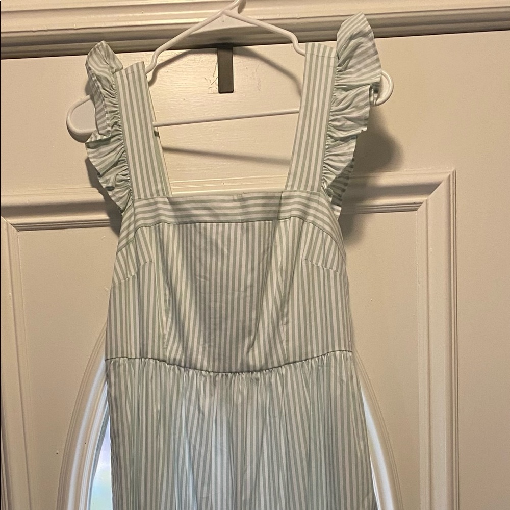 Rare Gal Meets Glam Apron dress with bow back and sage striped fabric